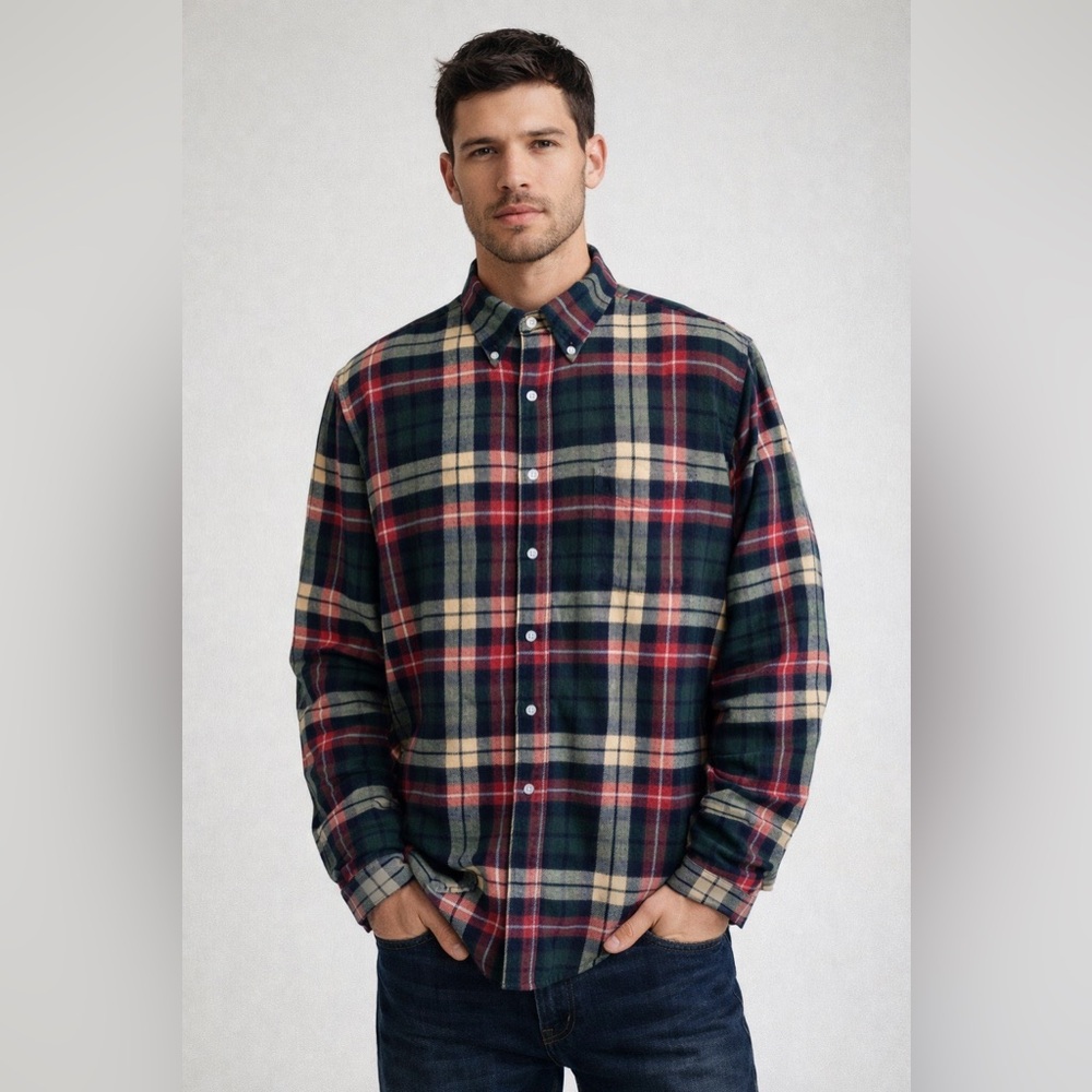 Vintage L.L.Bean Plaid Flannel Shirt Large Green Red Cotton Button Down Outdoor